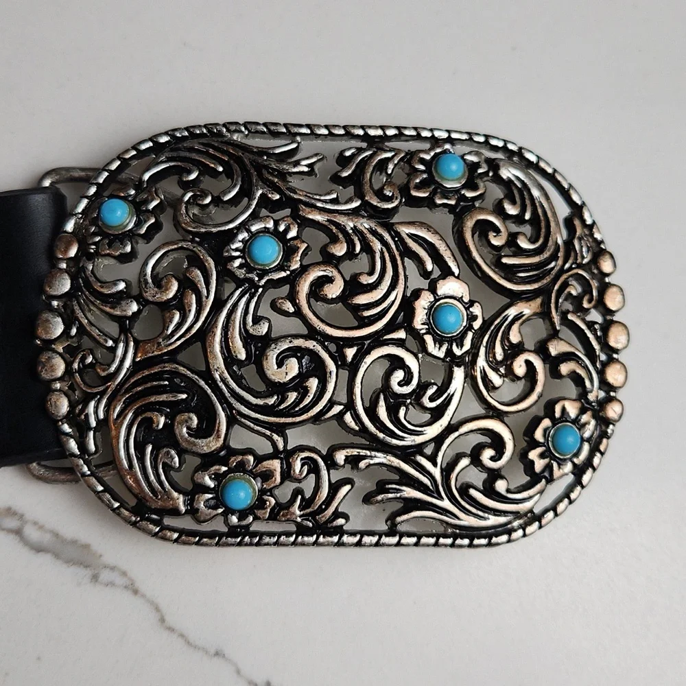 Western Turquoise & Silver Metal Faux Leather Belt Size Medium